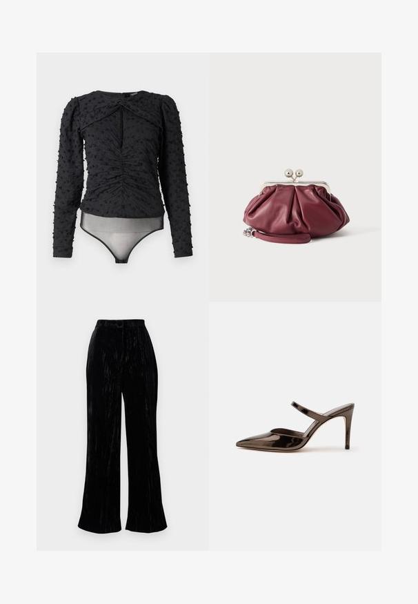 Hofmann Copenhagen EXCLUSIVE ALEXANDRA - Pluus - black; Must mustast laiad püksid pehme tekstuuriga, kõrge vöökohaga ja tagasihoidlike vertikaalsete triipudega. Kohandatud mugavaks istuvuseks.; Sädelevalt tumepruun terava ninaga kõrgete kontsadega sandaal, millel on kitsas rihm jalavõlvi üle, valgel ühevärvilisel taustal.; Väike burgundia nahast käekott, millel on hõbedane metallist kinnitus ja randmerihm valge taustaga.
