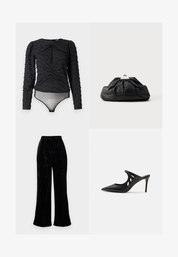 Hofmann Copenhagen EXCLUSIVE ALEXANDRA - Blúzka - black; Čierne sametové nohavice s širokými nohavicami a jemnou textúrou, s vysokým pásom a jemnými vertikálnymi pruhmi. Navrhnuté pre uvoľnený strih.; Čierne kožené vysoké špičaté papuče s výrezmi po stranách a hladkou textúrou. Stiletto podpätok a jemný steh.; Čierna kožená kabelka do ruky s nazbieranou štruktúrou, kovovým zapínaním a jemným vypuklým logom na prednej strane. Okrúhly tvar.