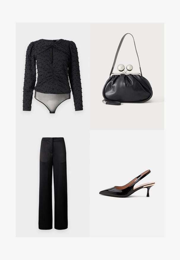 Hofmann Copenhagen EXCLUSIVE ALEXANDRA - Blouse - black; Zwarte wijdvallende broek met een gestructureerd oppervlak, voorzien van een platte tailleband en twee zijzakken. De stof lijkt licht en vloeiend.; Zwarte lakleren slingback pump met puntige neus en lage kittenheel op een eenvoudige witte achtergrond.; Zwarte leren handtas met een geplooid ontwerp, een enkele schouderband, zilverkleurige metalen omlijsting en twee grote ronde zilveren sluitingen.