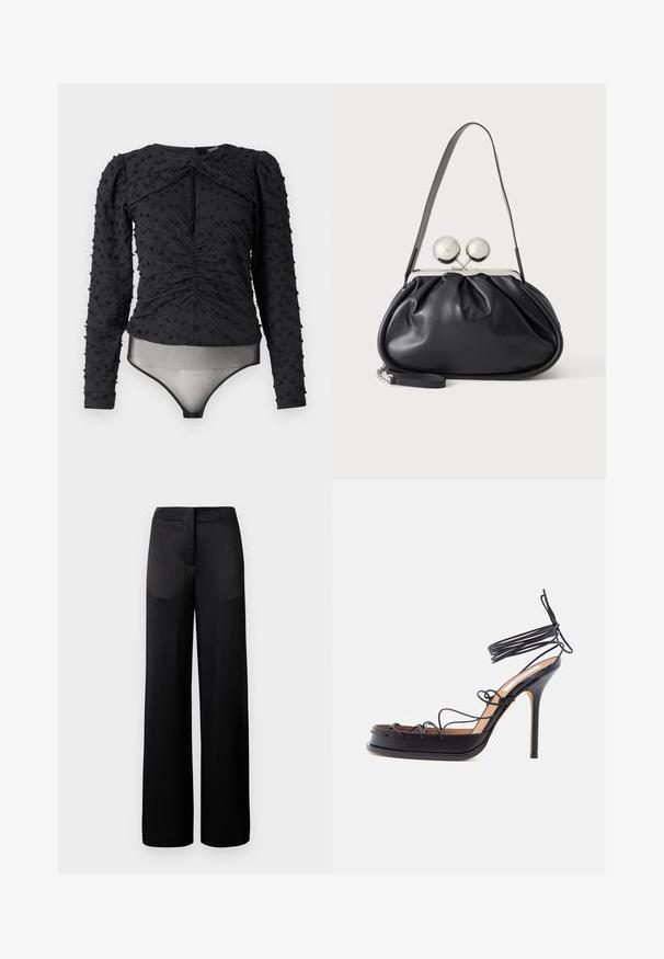 Hofmann Copenhagen EXCLUSIVE ALEXANDRA - Bluse - black; Schwarze weit geschnittene Hose mit strukturierter Oberfläche, ausgestattet mit einem flachen Bund und zwei Seitentaschen. Der Stoff wirkt leicht und fließend.; Schwarze Sandalette mit hohen Absätzen und dünnen Lederriemchen, die sich um den Fuß und das Sprunggelenk wickeln, mit spitz zulaufendem Stiletto-Absatz.; Schwarze Ledertasche mit gerafftem Design, einem einzelnen Riemen, silbernem Metallrahmen und zwei großen runden silbernen Verschlüssen.
