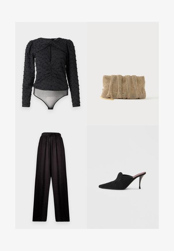 Hofmann Copenhagen EXCLUSIVE ALEXANDRA - Blúzka - black; Čierne široké nohavice s elastickým pásom a jemnou textúrou leopardieho vzoru, s nastaviteľnýmviazaním vpredu.; Čierna vysoká dámska obuv s otvorenou pätou, so špicatou špičkou, z jemnej tkaniny s naberanou textúrou na prednej časti a úzkym ihličkovým podpätkom.; Malá zlatá sieťovaná listová kabelka s nariaseným dizajnom a čiastočne viditeľným zlatým retiazkou na bielom jednoduchom pozadí.