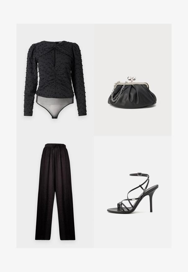 Hofmann Copenhagen EXCLUSIVE ALEXANDRA - Bluse - black; Schwarze weite Hosen mit elastischem Bund und subtiler Leopardenmuster-Textur, die eine Kordelzugbindung vorne aufweist.; Schwarze High-Heel-Sandale mit dünnen Riemen, einem Knöchelverschluss, einer glatten Lederoberfläche und einem schlanken Stiletto-Absatz.; Schwarze Leder-Clutch mit geraffter Textur, silberfarbener Metallrahmen, Druckverschluss und Kettenriemen. Glatte, weiche Oberfläche.
