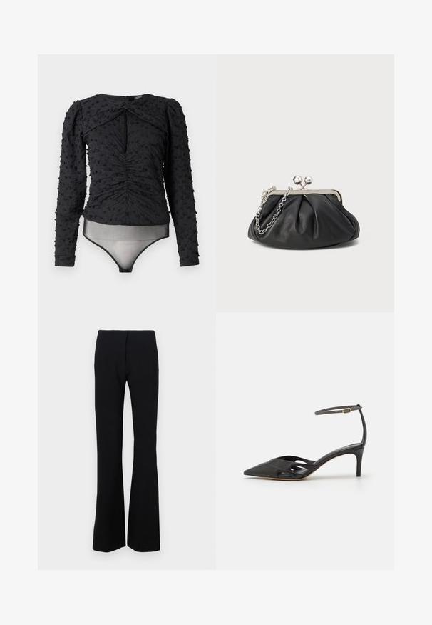Hofmann Copenhagen EXCLUSIVE ALEXANDRA - Blúzka - black; Čierne rozšírené nohavice z elastického materiálu s hladkou textúrou a priliehavým pásom. Žiadne viditeľné uzávery ani vzory.; Čierna kožená topánka na vysokom opätku s špicatou špičkou, otvorenými stranami a tenkým remienkom okolo členka so zlatým kovovým detailom.; Čierna kožená kabelka s vrúbkovou textúrou, strieborným kovovým rámom, uzáverom na pobozkanie a retiazkou na nosenie. Hladký, jemný povrch.