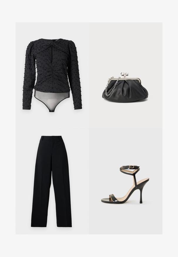 Hofmann Copenhagen EXCLUSIVE ALEXANDRA - Blusa - black; Pantalones de talle alto de pierna ancha en negro, con cierre de botón y cremallera, trabillas para cinturón y un acabado de tela limpio y suave.; Sandalia de tacón alto de charol negro con tira delgada en el tobillo y hebilla, punta abierta y tacón aguja esbelto sobre fondo blanco.; Clutch de cuero negro con textura arrugada, marco de metal en tono plateado, cierre de beso y cadena para colgar. Superficie suave y lisa.