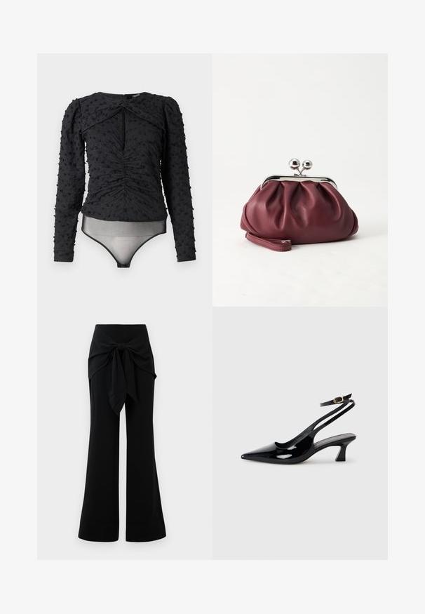 Hofmann Copenhagen EXCLUSIVE ALEXANDRA - Blouse - black; Zwarte wijde broeken met een tailleband detail. Gemaakt van zachte stof, met een gladde textuur en strakke lijnen. Zoom licht uitlopend.; Zwarte gepatineerde leren slingback hakken met een puntige neus, lage blokhak en een verstelbare enkelband met een gouden gespsluiting.; Kleine bordeauxrode leren clutch-portemonnee met zilverkleurige metalen sluiting en polsbandje op een witte achtergrond.