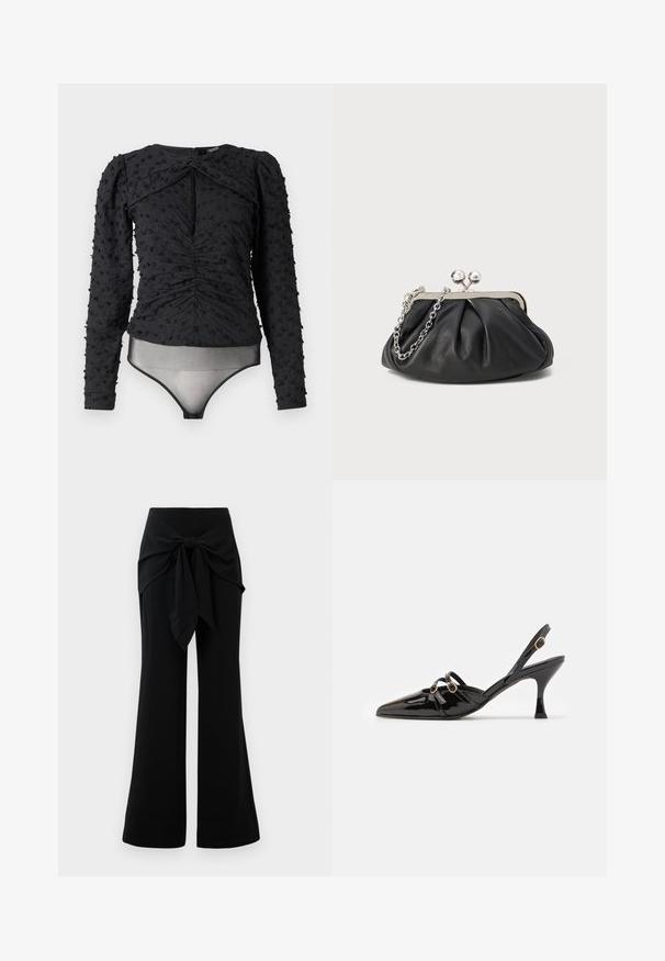 Hofmann Copenhagen EXCLUSIVE ALEXANDRA - Blusa - black; Pantalones de pierna ancha negros con detalle de lazo en la cintura. Fabricados con un tejido suave, que presenta una textura lisa y líneas limpias. Dobladillo ligeramente acampanado.; ALOHAS JOELLE ONIX - Tacones - black; Clutch de cuero negro con textura arrugada, marco de metal en tono plateado, cierre de beso y cadena para colgar. Superficie suave y lisa.