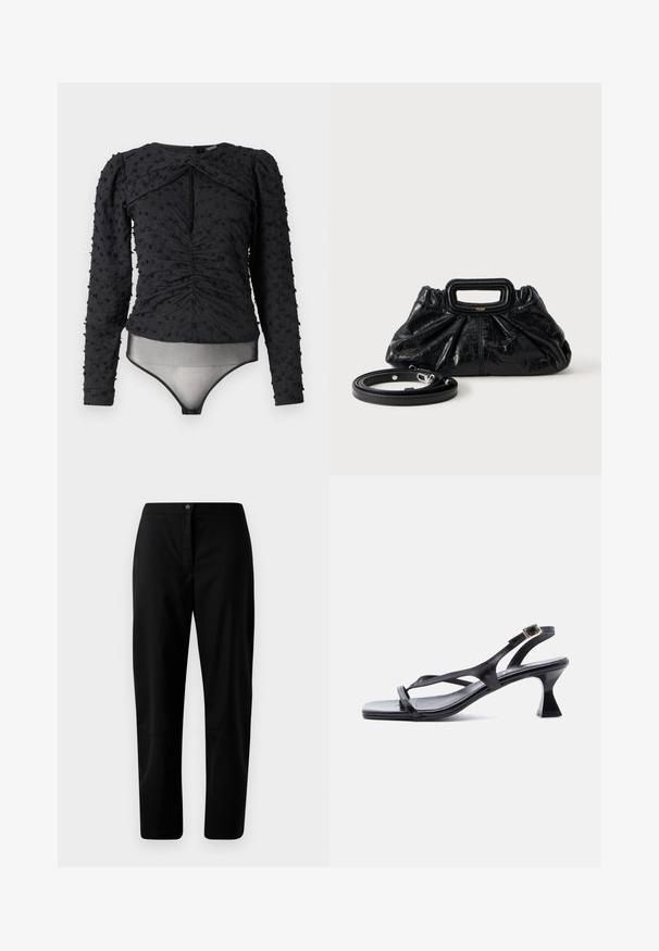 Hofmann Copenhagen EXCLUSIVE ALEXANDRA - Blusa - black; Pantalones rectos negros con cierre de botón y cremallera, tejido suave y detalles mínimos sobre un fondo claro.; Sandalia de mujer de cuero negro con tiras finas, punta cuadrada, hebilla ajustable en el tobillo y tacón acampanado de altura media.; Bolso pequeño de cuero negro con textura fruncida, asa rectangular y correa de hombro delgada y desmontable colocada al lado.