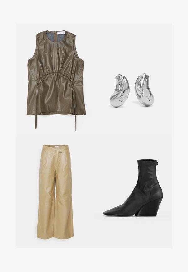 Proenza Schouler White Label DRAWSTRING - Débardeur - wood; Pantalons larges en cuir beige à taille haute, avec des plis, des passants de ceinture et une texture lisse.; Bottine en cuir noir à bout pointu, talon bloc haut incliné et fermeture éclair arrière sur fond clair uni.; Boucles d'oreilles en argent en forme de créoles avec une finition incurvée et brillante, et un design sans couture. Équipées d'une fermeture à charnière pour un port sécurisé.