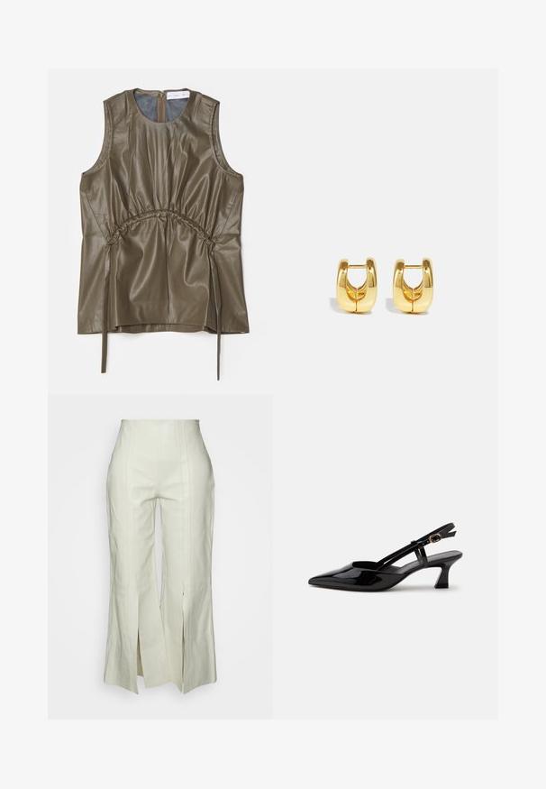 Proenza Schouler White Label DRAWSTRING - Débardeur - wood; By Malene Birger WARRAN - Pantalon en cuir - cream snow; Chaussure slingback en cuir verni noir à petit talon, bout pointu et bride réglable avec boucle dorée sur fond blanc.; Boucles d'oreilles en or avec un design élégant et arrondi. Présentent un centre creux et une surface brillante, complétant les styles modernes.