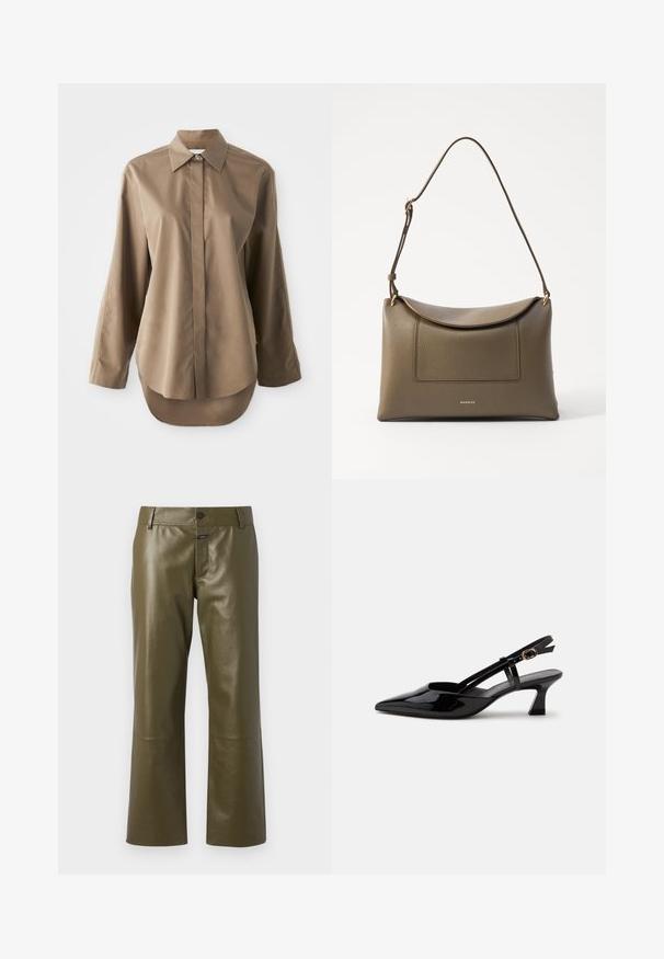 Brun langærmet skjorte lavet af glat stof, med spids krave, frontknaplukning, og en afrundet kant bagpå.; CLOSED SERANDON - Skindbukser - marsh green; Sort laklæderslingback med lille hæl, spids tå og justerbar guldlåsrem på hvid baggrund.; Olivengrønt læderhåndtaske med en tekstureret overflade, en klaplukning og en justerbar rem. Har en forlommelomme og hardware i guldtoner.
