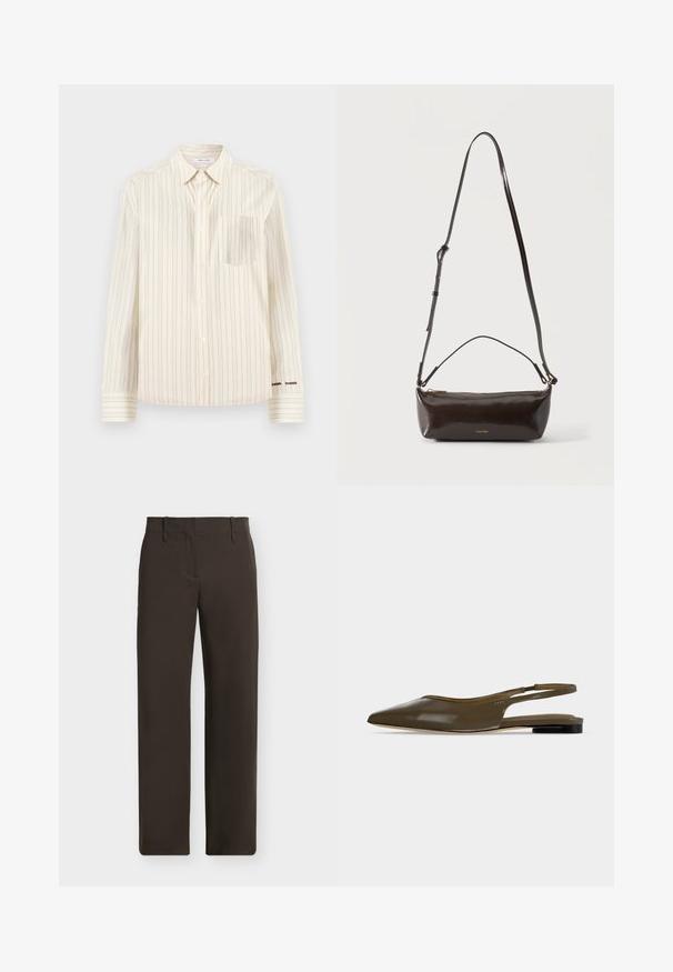 Chemise à boutons couleur crème avec des rayures verticales, manches longues, une poche poitrine, et le nom de la marque brodé en contraste sur le poignet.; Pantalon droit marron foncé avec passants pour ceinture et poches avant, présenté à plat sur un fond clair.; Chaussure plate à bout pointu vert olive avec bride arrière, talon noir bas et finition lisse et brillante.; Petit sac à bandoulière en cuir marron foncé brillant avec bandoulière réglable, poignée supérieure et fermeture éclair dorée.