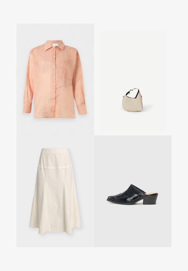 Chemise à manches longues couleur pêche claire avec col et une poche poitrine, présentée sur un fond blanc uni.; Jupe trapèze crème avec fines rayures verticales et une large ceinture ajustée, longueur au genou et ourlet fluide.; Mules en cuir verni noir avec un bout pointu, un design courbé et un petit talon bloc, ornés de piqûres décoratives sur le dessus.; Sac à main en cuir beige en forme de croissant avec une seule bandoulière et des coutures minimalistes, posé sur un fond blanc uni.