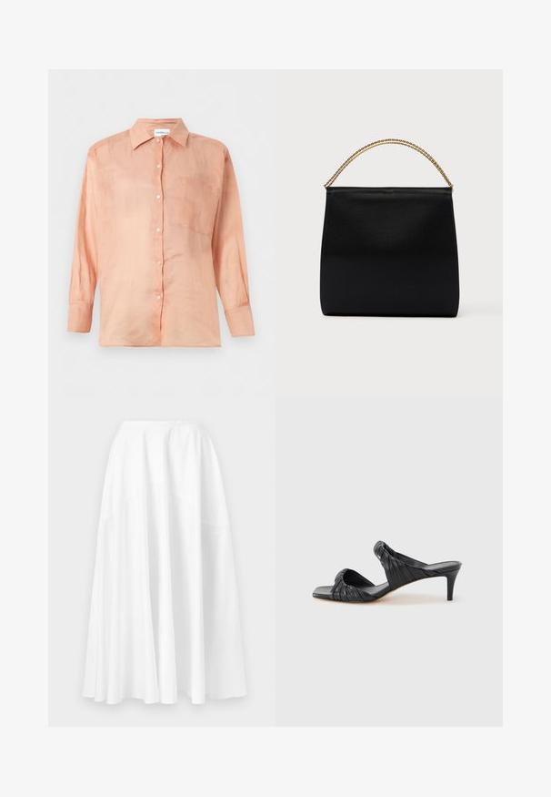 Chemise à manches longues couleur pêche claire avec col et une poche poitrine, présentée sur un fond blanc uni.; Longue jupe blanche à taille haute avec un ourlet large et ample, présentée sur un fond uni.; Sandales à talons noirs avec un bout carré, fabriquées en cuir lisse. Elles présentent des brides froncées et un talon fin pour plus d'élévation.; Sac noir en tissu lisse, présentant une forme structurée, une poignée en chaîne dorée et un design géométrique minimaliste.