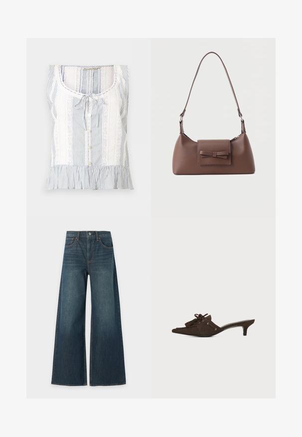 Blouse sans manches à rayures bleues et blanches avec panneaux en dentelle, boutons devant, col noué et ourlet à volants.; Jean en denim bleu à jambes larges avec cinq poches, fermeture par bouton et coutures marron visibles, présenté à plat sur fond blanc.; Mule en daim marron avec bout pointu, petit talon kitten, lacets noués en nœud et détails à pompons sur fond blanc.; Sac à bandoulière en cuir marron avec une poche à rabat avant ornée d'un détail en forme de nœud cousu et une sangle réglable.