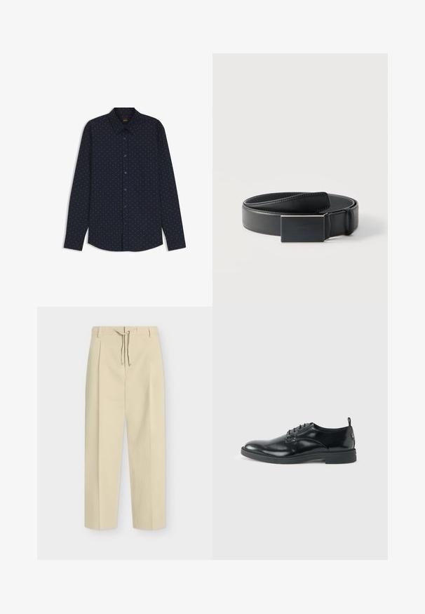 Chemise bleu marine à manches longues boutonnée avec petits pois blancs et col classique, affichée sur fond blanc.; Pantalon beige droit avec passants pour ceinture et nouage à l'avant, présentant un design épuré et ajusté ainsi qu'un tissu texturé.; Chaussure habillée en cuir noir brillant avec un petit talon, fermeture à lacets et bout rond, vue de côté sur un fond uni et clair.; Ceinture en cuir noir enroulée avec une boucle noire mate rectangulaire et un logo embossé discret sur fond blanc.