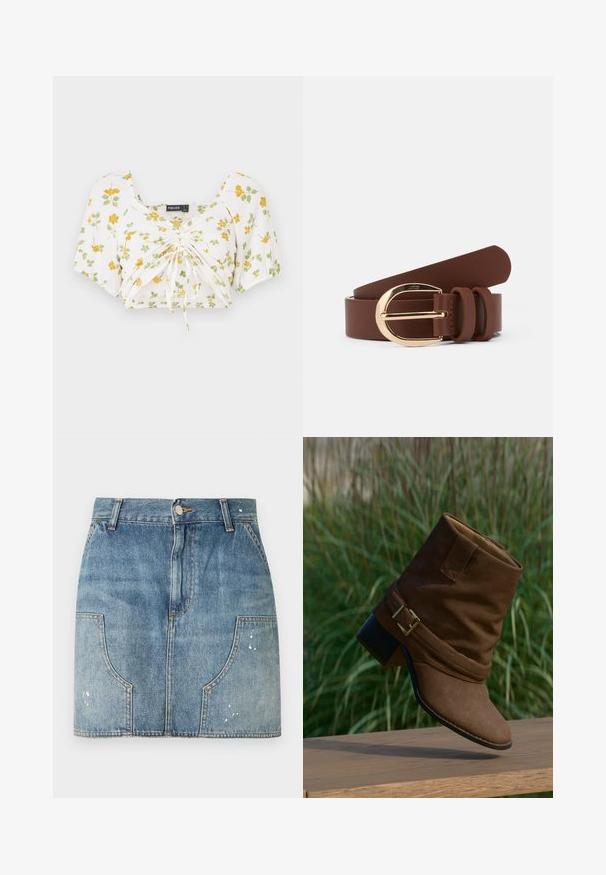 Top court blanc avec des manches bouffantes courtes, orné d'un imprimé floral jaune et vert. Centre froncé avec des lacets ajustables pour un meilleur ajustement.; Mini-jupe en denim avec bouton à l'avant, passants pour ceinture, poches avant arrondies et légers détails d'usure sur les poches et l'ourlet.; Bottine en daim marron avec un design plié, une boucle dorée en accent, et un talon noir texturé, posée sur un fond vert flou.; Ceinture en cuir marron avec une boucle dorée brillante et deux passants en cuir. Texture lisse, design plat et extrémités arrondies.