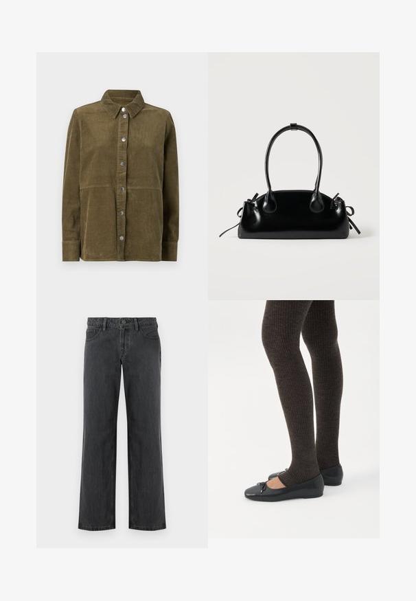 Veste chemise en velours côtelé vert olive avec col, manches longues, boutons argentés et texture ribbed verticale.; Jeans gris foncé à jambes larges en denim, avec une ceinture standard, cinq poches et une fermeture à bouton. Texture lisse et coutures uniformes.; Jambes portant des leggings côtelés foncés associés à des ballerines noires avec de petits détails en nœud sur fond blanc.; Petit sac à main noir brillant avec deux longues anses et des détails à cordon sur les côtés sur un fond clair uni.