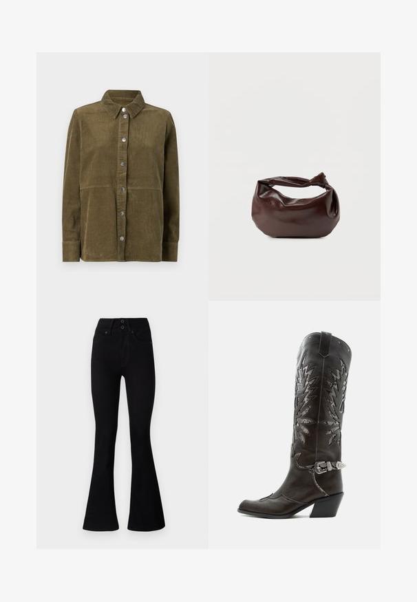 Oliven grøn kordfløjl skjortejakke med krave, lange ærmer, sølvknapper og lodret ribbet tekstur.; Pepe Jeans FLARE CONTOUR - Flared jeans - black denim; Sort læder cowboystøvle med dekorative udskæringer, sølvspænde og skrå hæl, vist på hvid baggrund.; Mørkebrun læder skuldertaske med en blød, afslappet form og et snoet knudehåndtag på en ensartet hvid baggrund.