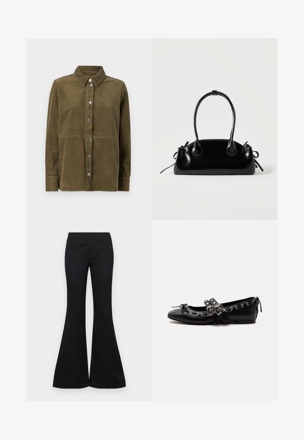 Veste chemise en velours côtelé vert olive avec col, manches longues, boutons argentés et texture ribbed verticale.; Pantalons évasés noirs en tissu lisse, dotés d'un haut ajusté et de jambes larges, sans ornements visibles ni poches.; Chaussure de ballet plate noire avec doubles brides à boucle, œillets argentés et petit nœud près de l’orteil arrondi sur fond blanc.; Petit sac à main noir brillant avec deux longues anses et des détails à cordon sur les côtés sur un fond clair uni.