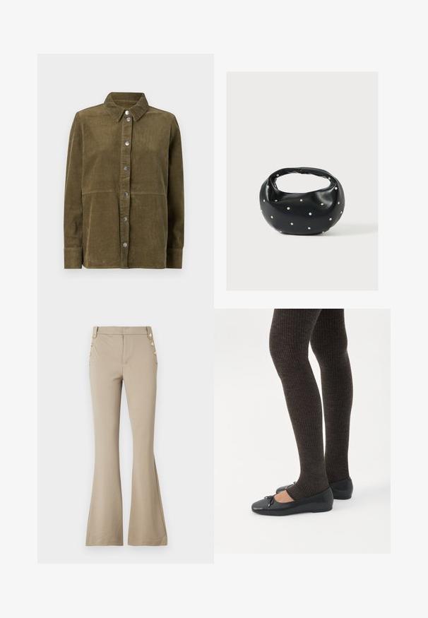 Veste chemise en velours côtelé vert olive avec col, manches longues, boutons argentés et texture ribbed verticale.; Pantalons évasés beiges en tissu doux, avec une taille ajustée et cinq boutons décoratifs dorés de chaque côté. Texture lisse sans motifs.; Jambes portant des leggings côtelés foncés associés à des ballerines noires avec de petits détails en nœud sur fond blanc.; Sac à main en cuir noir de forme arrondie, décoré de clous argentés et équipé d'une poignée courte. Texture lisse et fermeture éclair.
