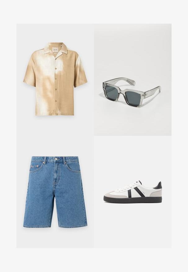 Chemise à manches courtes avec boutons, motif tie-dye beige et blanc, col pointu et cinq boutons sur le devant.; Short en jean bleu longueur genou avec poches avant, passants de ceinture et fermeture par bouton sur un fond clair uni.; Baskets blanches avec des accents noirs et gris, présentant un embout texturé gris, une semelle en caoutchouc noir et des lacets plats blancs. Design épuré, style minimaliste.; Lunettes de soleil claires et surdimensionnées avec des verres foncés, dotées d'une monture rectangulaire épaisse et d'accents texturés sur les branches. Fabriquées en plastique transparent.