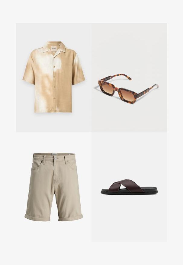 Chemise à manches courtes avec boutons, motif tie-dye beige et blanc, col pointu et cinq boutons sur le devant.; Short en coton beige avec passants pour ceinture, fermeture par bouton, poches avant et ourlets retroussés, étiqueté Jack & Jones Pants Studio.; Sandale à glissière à lanières croisées de couleur marron, dotée d'une finition mate, d'une semelle noire plate et d'une texture lisse. Design minimaliste sans matériel visible.; Lunettes de soleil rectangulaires à motif écaille de tortue avec des verres dégradés marron, reposant sur une surface claire.