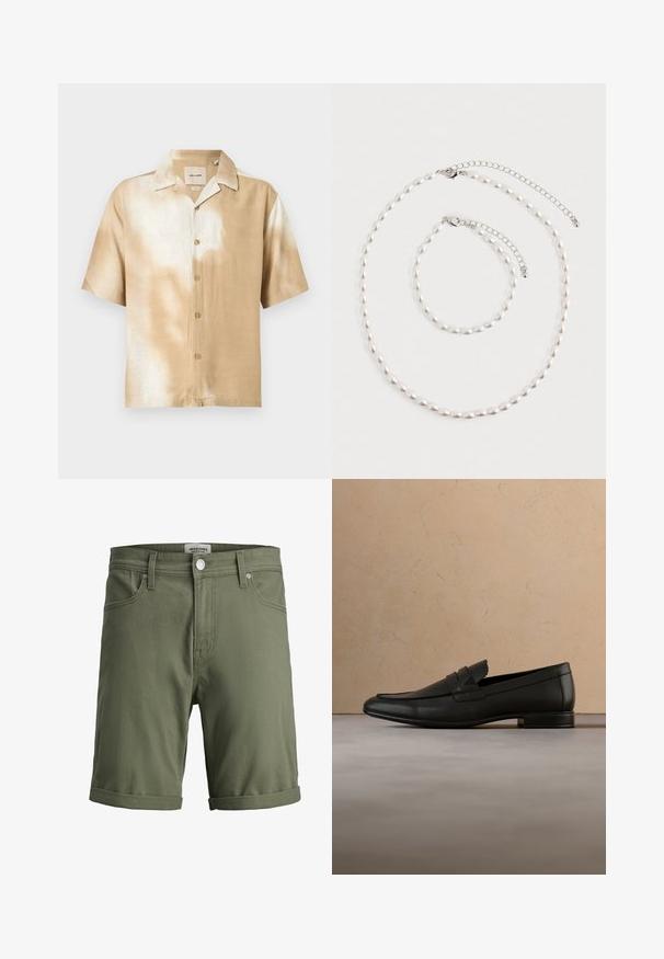 Chemise à manches courtes avec boutons, motif tie-dye beige et blanc, col pointu et cinq boutons sur le devant.; Shorts en coton vert olive avec ourlets retroussés, bouton frontal, fermeture éclair, passants pour ceinture et poches avant de Jack & Jones Pants Studio.; Mocassin en cuir noir flottant au-dessus d'un tapis beige avec un canapé beige dans un intérieur minimaliste.; Collier de perles et bracelet assorti avec fermoirs en chaîne argentée disposés sur un fond blanc.