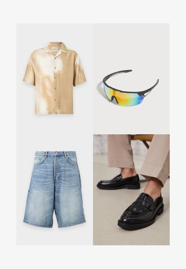 Chemise à manches courtes avec boutons, motif tie-dye beige et blanc, col pointu et cinq boutons sur le devant.; Shorts en denim bleu clair avec un délavage. Comprend une taille avec bouton, des passants de ceinture et deux poches avant.; Mocassins en cuir noir avec une finition lisse, ornés d'une sangle décorative et de coutures contrastées, associés à un pantalon beige.; Lunettes de soleil de sport noires avec verres teintés arc-en-ciel enveloppants et monture légère, conçues pour les activités de plein air.