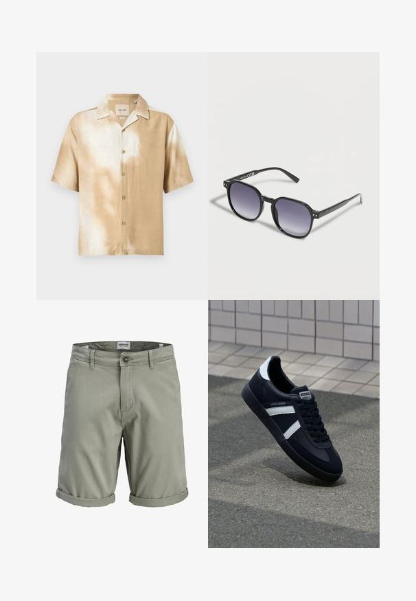 Chemise à manches courtes avec boutons, motif tie-dye beige et blanc, col pointu et cinq boutons sur le devant.; Short vert clair, longueur genou, avec ourlets roulés, bouton à l'avant, braguette zippée, passants de ceinture et poches latérales. Aucun motif ou dessin visible.; Sneaker en cuir noir avec des rayures blanches, semelle en caoutchouc texturée et devant à lacets. Présente une étiquette de marque sur la languette.; Lunettes de soleil à monture noire avec des verres dégradés violet en forme de carré arrondi, reposant sur une surface blanche.