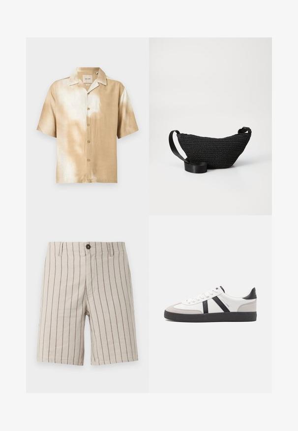 Chemise à manches courtes avec boutons, motif tie-dye beige et blanc, col pointu et cinq boutons sur le devant.; Short beige avec fines rayures verticales marron, fermeture par bouton, passants pour ceinture et braguette à l'avant.; Baskets blanches avec des accents noirs et gris, présentant un embout texturé gris, une semelle en caoutchouc noir et des lacets plats blancs. Design épuré, style minimaliste.; Sac en tissu tissé noir avec une forme incurvée, doté d'une bandoulière noire lisse et d'un extérieur texturé. Convient pour un port en bandoulière ou à la hanche.