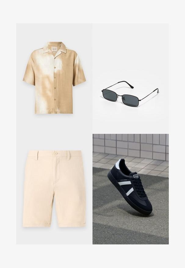 Chemise à manches courtes avec boutons, motif tie-dye beige et blanc, col pointu et cinq boutons sur le devant.; Shorts en coton beige avec un design à plat devant, une fermeture à un bouton et des ourlets retroussés. Comprend des poches latérales et une texture lisse.; Sneaker en cuir noir avec des rayures blanches, semelle en caoutchouc texturée et devant à lacets. Présente une étiquette de marque sur la languette.; Lunettes de soleil rectangulaires noires avec une fine monture en métal et des verres foncés reposant sur une surface blanche.