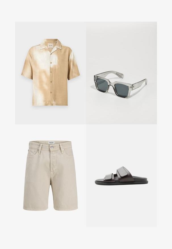 Chemise à manches courtes avec boutons, motif tie-dye beige et blanc, col pointu et cinq boutons sur le devant.; Short en denim beige avec passants de ceinture, bouton devant, fermeture éclair, cinq poches et surpiqûres apparentes, présenté sur fond blanc.; Sandale slide marron foncé avec deux larges sangles velcro réglables et une semelle noire, vue de côté sur fond blanc.; Lunettes de soleil claires et surdimensionnées avec des verres foncés, dotées d'une monture rectangulaire épaisse et d'accents texturés sur les branches. Fabriquées en plastique transparent.