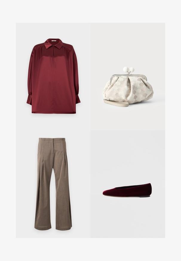 Blouse en satin bordeaux à manches longues avec col pointu, épaules plissées et poignets boutonnés sur un fond uni.; Pantalon marron taille haute, coupe large, avec plis à l'avant et fermeture avant dissimulée, présenté sur un fond clair.; Ballerines en velours bordeaux avec un bout arrondi et un talon bas, présentant une texture lisse et un design élégant.; Petit sac pochette beige avec tissu texturé à pois, cadre argenté, fermoir rond blanc et bracelet de poignet amovible sur fond uni.