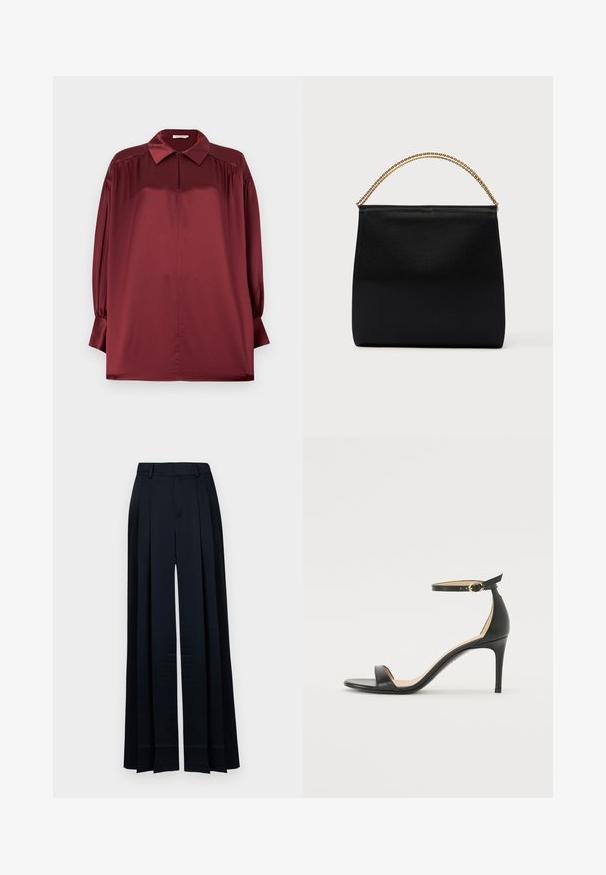 Blouse en satin bordeaux à manches longues avec col pointu, épaules plissées et poignets boutonnés sur un fond uni.; Pantalon large bleu marine taille haute, avec passants de ceinture, plis à l'avant et ourlet droit.; Sandale à talons hauts en cuir noir avec une lanière de cheville. Présente une texture lisse, un bout ouvert et un talon fin. Détail de boucle en ton doré.; Sac noir en tissu lisse, présentant une forme structurée, une poignée en chaîne dorée et un design géométrique minimaliste.
