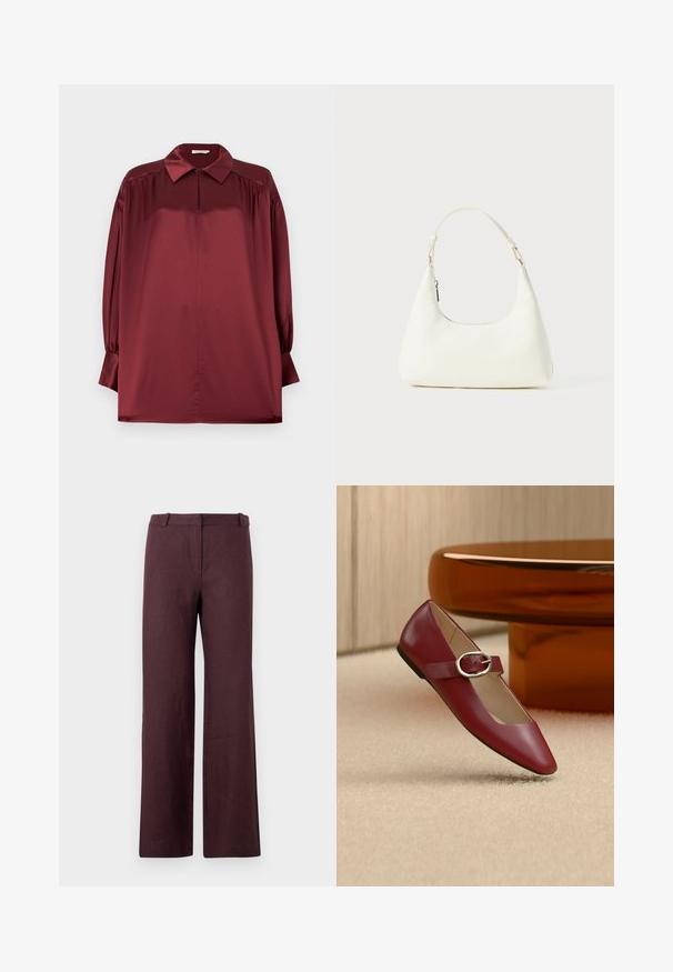 Blouse en satin bordeaux à manches longues avec col pointu, épaules plissées et poignets boutonnés sur un fond uni.; Pantalon droit marron foncé avec une ceinture et une fermeture avant cachée, présenté sur un fond clair uni.; Chaussure plate Mary Jane en cuir rouge avec une bride à boucle argentée, posée sur un tapis beige près d'une table ronde marron.; Petit sac blanc à épaule avec une seule bandoulière ajustable et une fermeture éclair, sur un fond blanc uni.