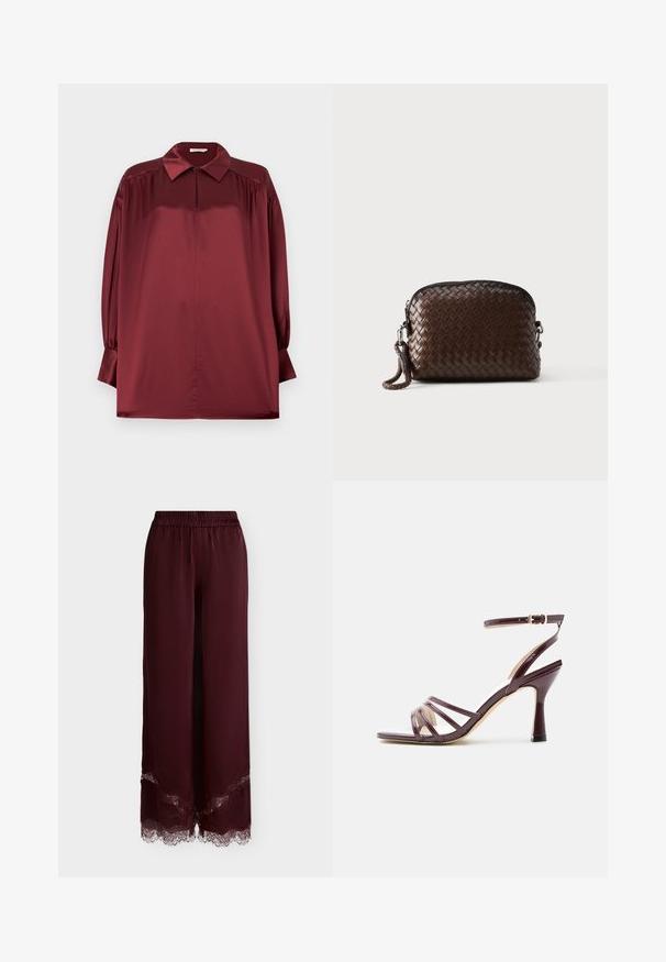 Blouse en satin bordeaux à manches longues avec col pointu, épaules plissées et poignets boutonnés sur un fond uni.; Pantalon large en satin bordeaux, ceinture élastique et bordure en dentelle à l’ourlet, présenté sur fond blanc uni.; Sandale à talons hauts en cuir verni violet foncé avec fines brides sur les orteils et bride de cheville avec boucle dorée sur fond blanc.; Pochette-bracelet en cuir tressé marron foncé avec fermeture éclair et une lanière tressée attachée d'un côté.