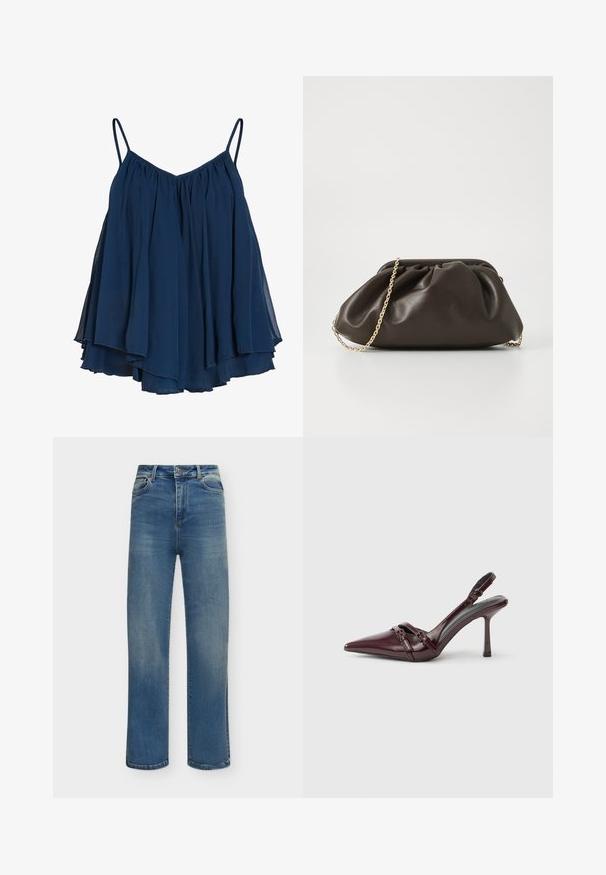 Haut sans manches en mousseline superposée bleu marine avec fines bretelles et coupe ample et fluide.; Jean en denim bleu à coupe droite avec fermeture par bouton et zip, poches avant et arrière, présenté sur fond blanc.; Escarpin slingback en cuir verni bordeaux avec bout pointu, fine bride à la cheville et petit détail décoratif de boucle. Texture lisse et talon haut.; Sac à main en cuir marron avec un design froncé, une bandoulière en chaîne dorée et une finition douce et texturée. Sa forme compacte est idéale pour une utilisation en soirée.