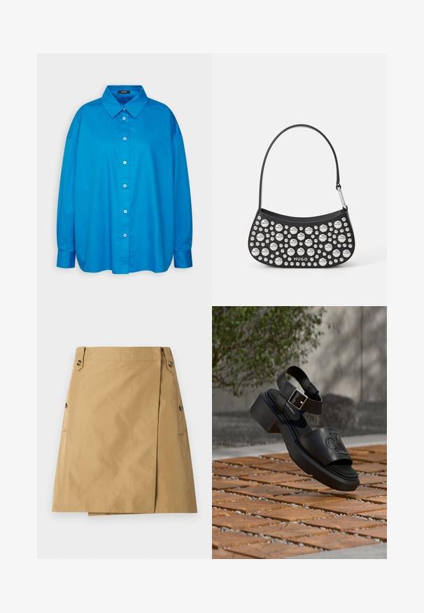 Blaue Hemdbluse mit spitzem Kragen, langen Ärmeln und geradem Schnitt. Glattes Baumwollmaterial mit kontrastierenden weißen Knöpfen.; Beige Rock aus glattem Stoff mit einer Vorderpartie, ausgestattet mit zwei seitlichen Taschen und zwei Knöpfen am Bund.; Schwarze Leder-Sandale von Calvin Klein mit Knöchelriemen und Schnalle, schwebt über einem Boden aus Holz und Steinplatten im Freien.; Schwarze Lederhandtasche mit geschwungener Form, verziert mit silbernen Nieten in verschiedenen Größen und einem kurzen Tragegurt. "HUGO"-Logo auf der Vorderseite aufgedruckt.