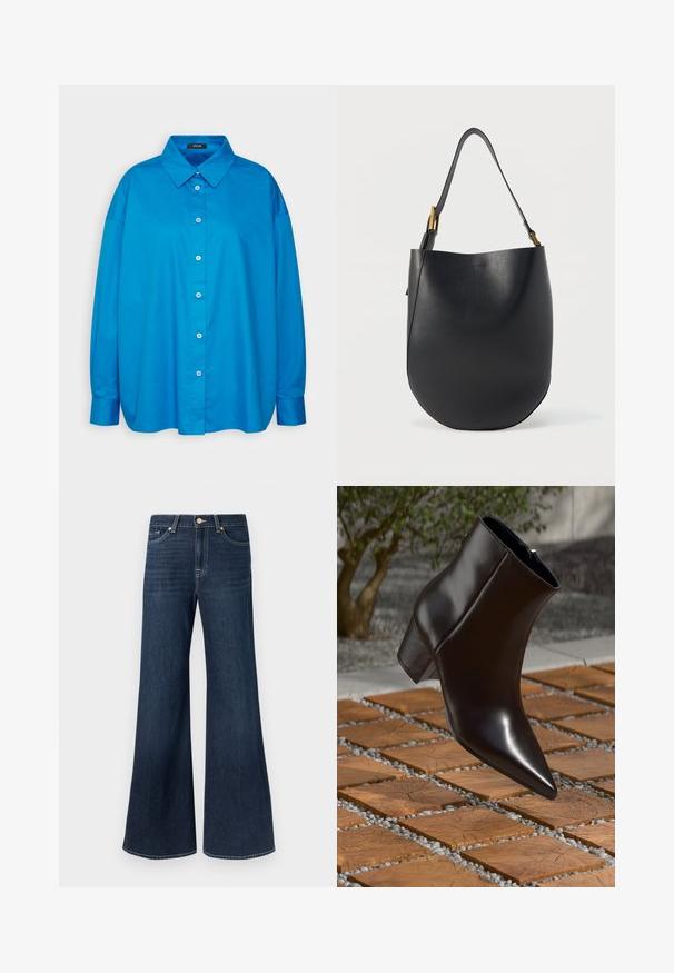 Camisa azul de botones con cuello puntiagudo, mangas largas y corte recto. Tejido de algodón suave con botones blancos en contraste.; Jeans de mezclilla oscuros de pierna ancha con cintura alta, que presentan bolsillos delanteros y herrajes en tono dorado. Textura suave y color uniforme en toda la prenda.; Botín de cuero negro hasta el tobillo con punta afilada, tacón de bloque y textura suave, posicionado sobre una superficie de madera y grava.; Bolso tipo cubo de cuero negro con una amplia correa de hombro ajustable y detalles de hebilla en tono dorado sobre un fondo blanco liso.