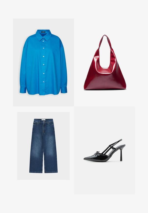 Blauw overhemden met een puntige kraag, lange mouwen en een rechte snit. Glad katoen met contrasterende witte knopen.; Blauwe denim jeans met hoge taille en wijde pijpen, met knoop aan de voorkant, rits, riemlussen, koord en vervaagde details op het dijbeen.; Zwarte lakleren hoge hakken met slingback, puntige neus, dunne hak en dubbele banddetails over de wreef.; Rode glanzende leren handtas met een driehoekige vorm, brede opening aan de bovenkant en een enkele gebogen handgreep. Gladde textuur met minimale stikseldetails.