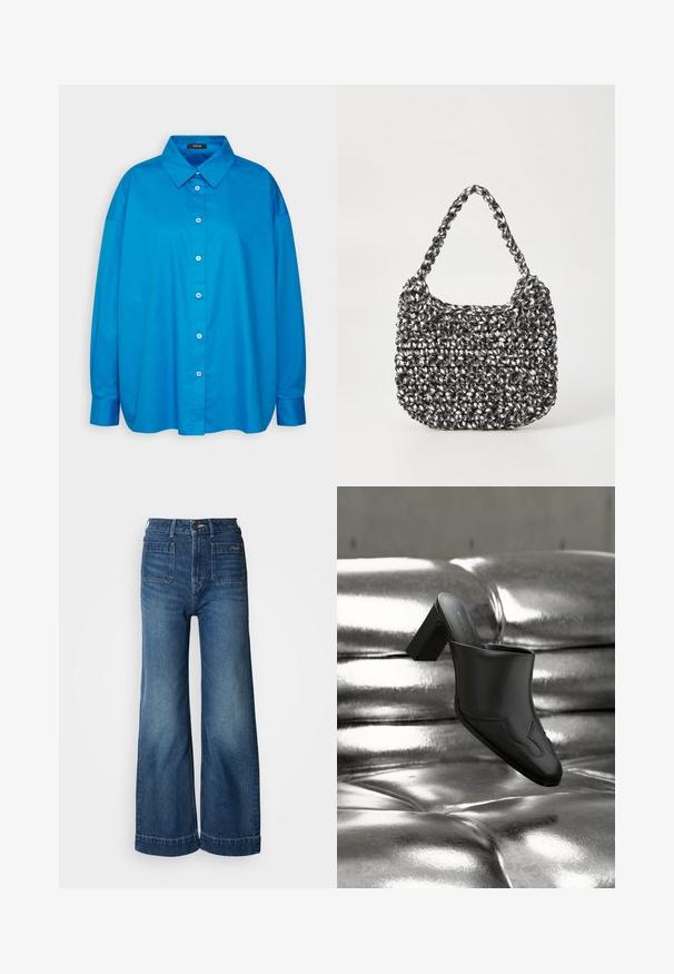 Blå skjorte med knaplukning, spids krave, lange ærmer og lige snit. Glat bomuldsstof med kontrasterende hvide knapper.; Vidbenede jeans i mørkeblå denim med en falmet finish, høj talje og fire lommer, med klassisk knap- og lynlåslukning.; Sort lædermule med blokhæl hvilende på en skinnende sølvpolstret overflade, der fremhæver dens elegante design og buede detaljer.; Vævet håndtaske i sort og hvid med en rund form, tekstureret overflade og et fletet håndtag. Velegnet til afslappet brug.