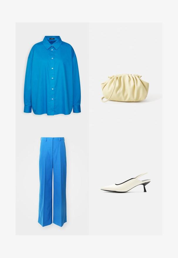 Blauw overhemden met een puntige kraag, lange mouwen en een rechte snit. Glad katoen met contrasterende witte knopen.; Helderblauwe wijde broek van zacht materiaal, met een hoge taille en dubbele plooien, voorzien van riemlussen en zonder zichtbare sluitingen.; Crèmekleurige slingback schoen met puntige neus, lage zwarte kittenhak en een gladde leren afwerking op een witte achtergrond.; Geel geplooide handtas van soepel nepleer, met een zachte vorm, een enkele schouderriem en een verzameld ontwerp aan de bovenkant.