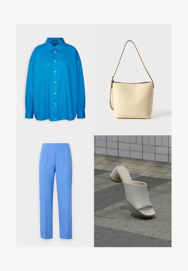 Camisa azul de botones con cuello puntiagudo, mangas largas y corte recto. Tejido de algodón suave con botones blancos en contraste.; Pantalones azules a medida, hechos de tela suave con pliegues laterales, que presentan un corte recto y una cinturilla limpia. Sin hardware visible ni patrones.; Un zapato mule blanco abierto en la punta con tacón ancho sobre suelo pavimentado cerca de una pared de azulejos, inclinado para mostrar vistas lateral y superior.; Bolso de hombro texturizado en color beige con forma curvada, banda larga y un sutil borde oscuro a lo largo de la abertura. Acabado liso con mínimos detalles.