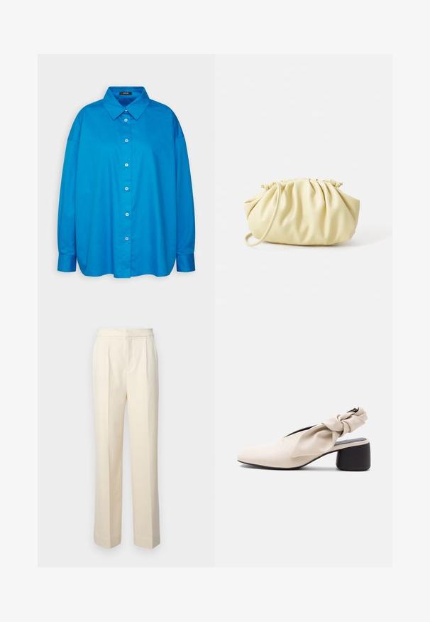 Camisa azul de botones con cuello puntiagudo, mangas largas y corte recto. Tejido de algodón suave con botones blancos en contraste.; Pantalones crema a medida con pierna recta, que presentan pliegues delanteros y un acabado suave. La cinturilla es plana y sin adornos.; Zapato beige para mujer con tacón bajo, punta afilada y detalle de tira retorcida sobre el empeine y el talón.; Bolso amarillo plisado hecho de cuero sintético suave, con una forma blanda y una sola correa para el hombro, además de un diseño de parte superior recogida.