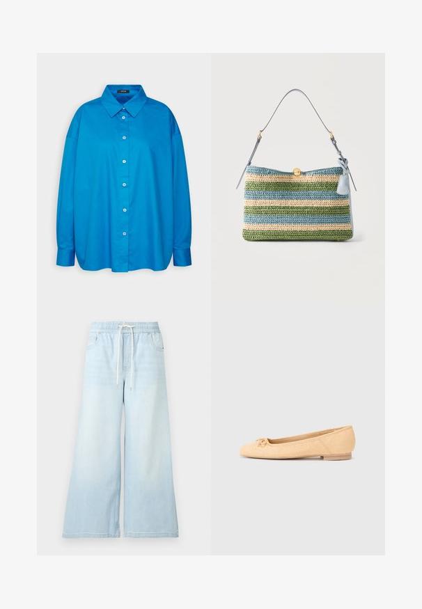 Blaue Hemdbluse mit spitzem Kragen, langen Ärmeln und geradem Schnitt. Glattes Baumwollmaterial mit kontrastierenden weißen Knöpfen.; Hellblaue Jeans mit weitem Bein, elastischem Bund und weißem Kordelzug, mit Vordertaschen und dezentem Verblassen.; Beige Ballettschuhe aus strukturiertem Stoff, runde Spitze, dekoratives Schleifchen und ein niedriger Holzabsatz. Einfaches und klassisches Design.; Gestreifte gewebte Handtasche mit horizontalen blauen, grünen und beigen Streifen, einem goldfarbenen Verschluss, hellblau verstellbarem Schulterriemen und einem Ledertag.