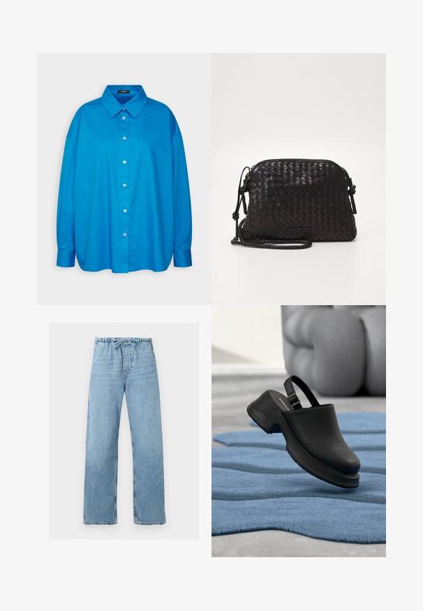 Camisa azul de botones con cuello puntiagudo, mangas largas y corte recto. Tejido de algodón suave con botones blancos en contraste.; Vaqueros de mezclilla azul claro con piernas anchas, cintura elástica y cordón, mostrados extendidos sobre un fondo blanco.; Zueco de cuero negro con correa ajustable mostrado sobre una alfombra azul texturizada en un suelo gris en un entorno interior minimalista.; Loeffler Randall MALLORY - Bandolera - black