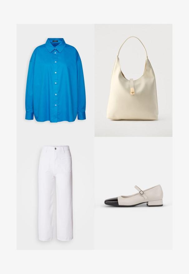 Camisa azul de botones con cuello puntiagudo, mangas largas y corte recto. Tejido de algodón suave con botones blancos en contraste.; Pantalones de mezclilla anchos de color blanco con cierre de botón, trabillas para cinturón, dos bolsillos frontales y un bolsillo trasero. Tejido duradero y texturizado.; Zapato estilo Mary Jane en cuero crema con puntera de charol negro. Presenta una punta redonda, tirante en el tobillo con una hebilla cuadrada y un tacón bajo y cuadrado.; Bolso hobo de cuero color crema con una sola correa para el hombro, textura suave y detalle de cierre metálico dorado en el frente.