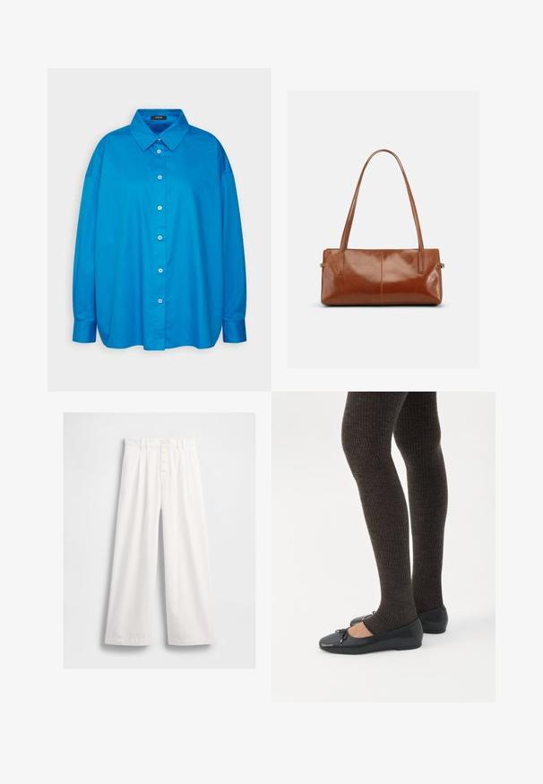 Camisa azul de botones con cuello puntiagudo, mangas largas y corte recto. Tejido de algodón suave con botones blancos en contraste.; Pantalones de pierna ancha blancos, hechos de una tela suave, con una cintura alta, cierre de botón frontal visible y costuras cuidadas a lo largo de los dobladillos.; Piernas con leggings oscuros acanalados combinados con bailarinas negras que presentan pequeños detalles de lazo sobre un fondo blanco.; Bolso rectangular de cuero marrón con dos correas largas para el hombro, acabado brillante y liso, y un diseño minimalista sobre un fondo liso.