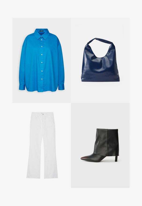 Blauw overhemden met een puntige kraag, lange mouwen en een rechte snit. Glad katoen met contrasterende witte knopen.; Witte flared jeans van katoenen denim, met twee voorzakken, een rits en een metalen knoop. Glad textuur met minimale details.; Zwarte enkellaars van glad leer met een puntige neus en een taps toelopende hak. Het bovenwerk heeft een licht geplooid ontwerp.; Marineblauwe neplederen schoudertas met een zachte, glanzende textuur, ronde vorm en een enkele, brede handgreep voor gemakkelijk dragen.