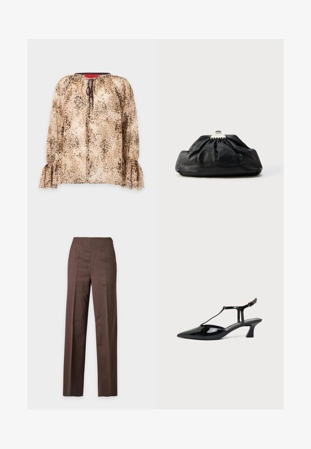 Μπεζ και καφέ μπλούζα με μακριά μανίκια και animal print, με βολάν σε μανσέτες και δεμένη λαιμόκοψη, απεικονίζεται σε απλό φόντο.; Καφέ παντελόνι με ίσια κοπή, πτυχές μπροστά, ψηλή μέση και λείο ύφασμα, εμφανιζόμενο σε ανοιχτό φόντο.; Μαύρο παπούτσι slingback από λουστρίνι με μυτερή μύτη, T-στραπ και χαμηλό κεκλιμένο τακούνι, σε λευκό φόντο.; Μαύρο δερμάτινο τσάντα χειρός με πτυχωτή υφή, μεταλλικό κούμπωμα και διακριτικό ανάγλυφο λογότυπο στο μπροστινό μέρος. Στρογγυλεμένο σχήμα.